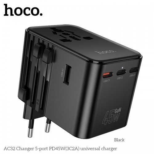 AC32 PD45W Universal Travel Adapter International Charger with 2 USB Ports & 3 USB-C