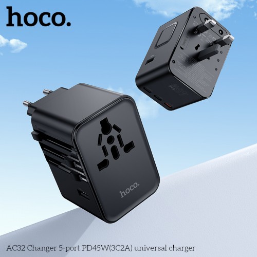 AC32 PD45W Universal Travel Adapter International Charger with 2 USB Ports & 3 USB-C