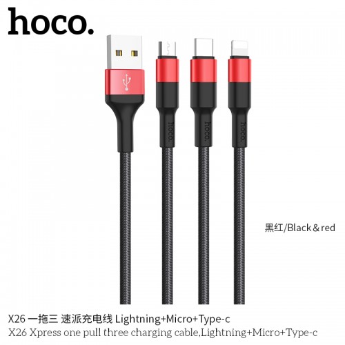 X26 Xpress One Pull Three Charging Cable (Lightning+Micro-USB+Type-C) - Black & Red